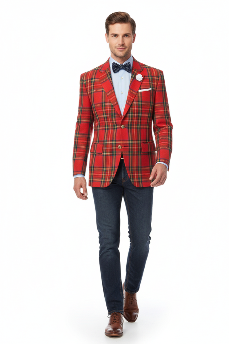 Holiday Blazer - Christmas Sport Coat - Red Christmas Fabric Plaid Blazer By Alebrtonardoni