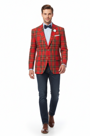Holiday Blazer - Christmas Sport Coat - Red Christmas Fabric Plaid Blazer By Alebrtonardoni