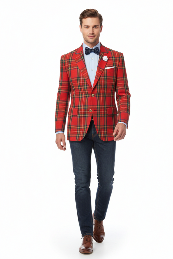 Holiday Blazer - Christmas Sport Coat - Red Christmas Fabric Plaid Blazer By Alebrtonardoni