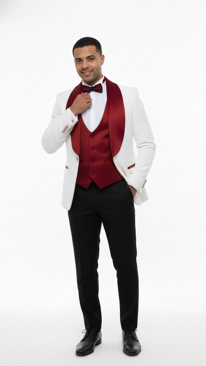 Mens Groom Wedding Shawl Collar - Paisley Red Velvet 4pc Suit W/ Matching Bowtie