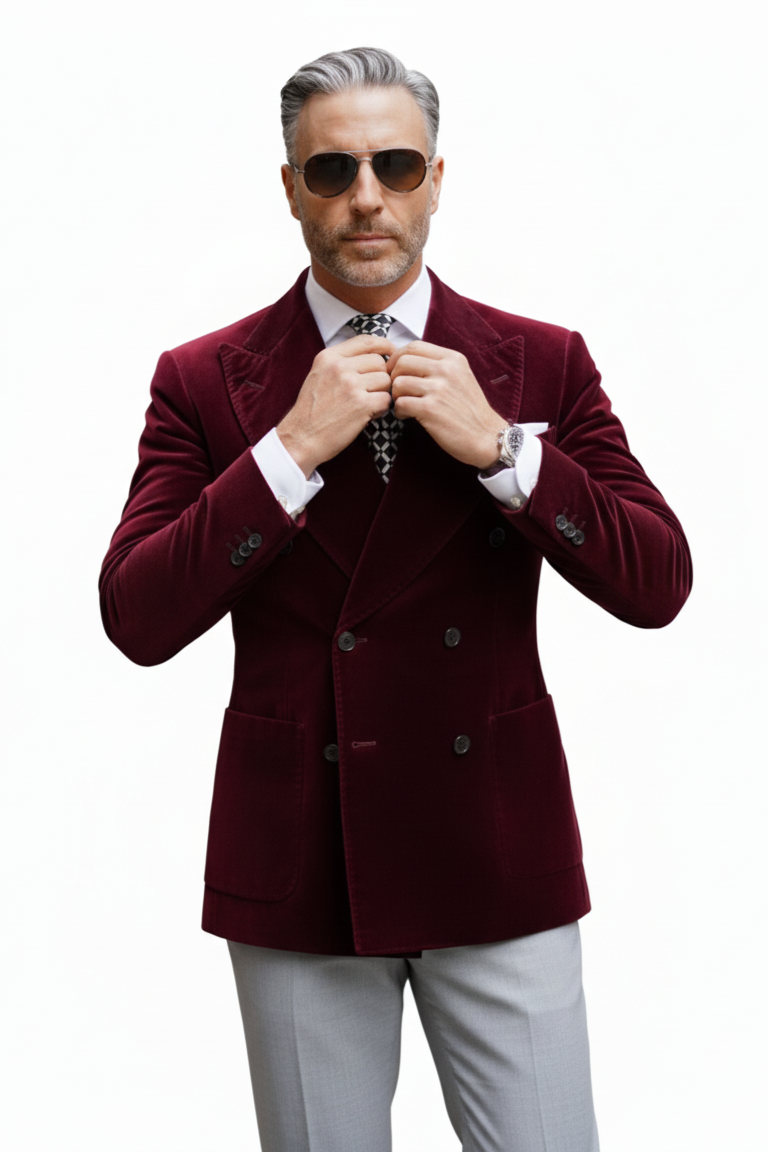 Mens Double Breasted Six Button Velvet Blazer - Burgundy Blazer