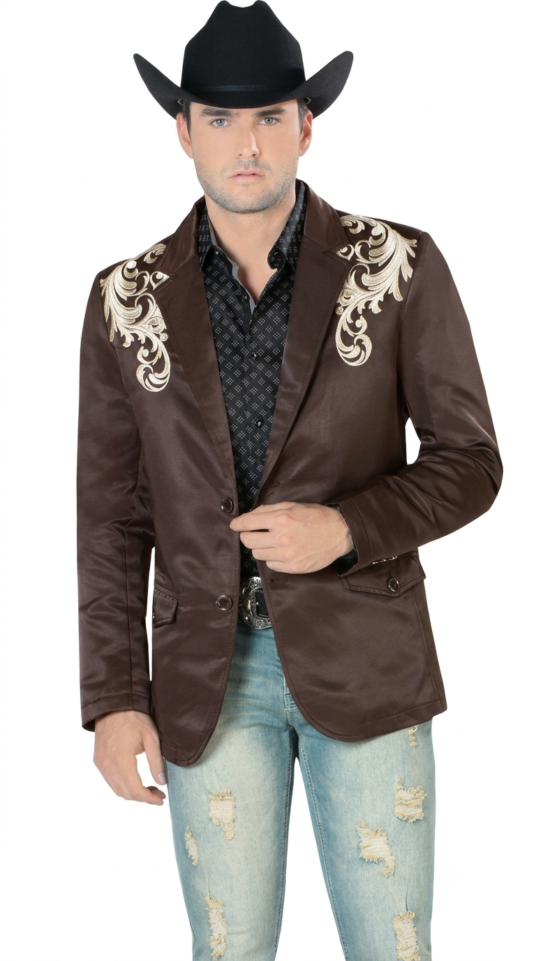 Mens Cowboy Blazer - Western Jacket in Color "Brown" Ultra Slim Fitted (Buy 1 Size UP)