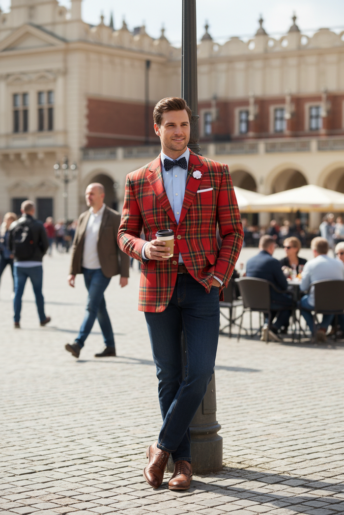 Holiday Blazer - Christmas Sport Coat - Red Christmas Fabric Plaid Blazer By Alebrtonardoni