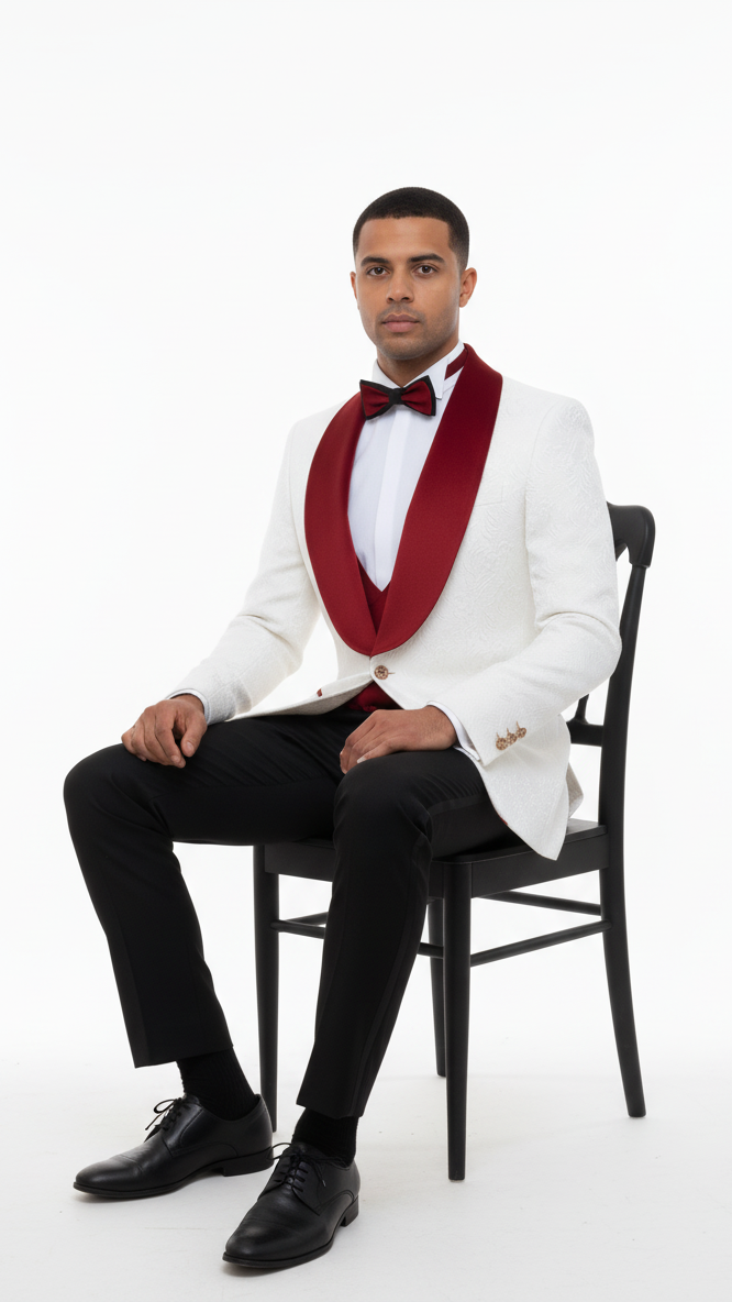 Mens Groom Wedding Shawl Collar - Paisley Red Velvet 4pc Suit W/ Matching Bowtie