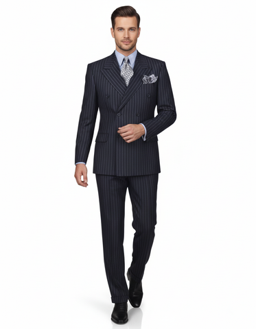 High Quality Dark Navy Blue Suits For Men & Chalk Bold White Pinstripe Double Breasted Suit 100% poly-ray