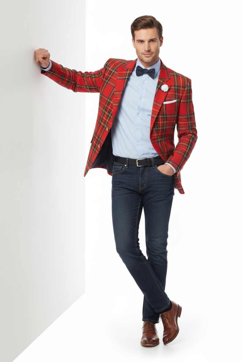 Holiday Blazer - Christmas Sport Coat - Red Christmas Fabric Plaid Blazer By Alebrtonardoni