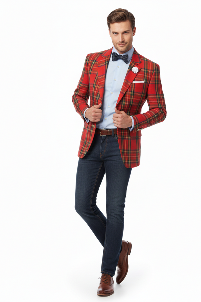 Holiday Blazer - Christmas Sport Coat - Red Christmas Fabric Plaid Blazer By Alebrtonardoni