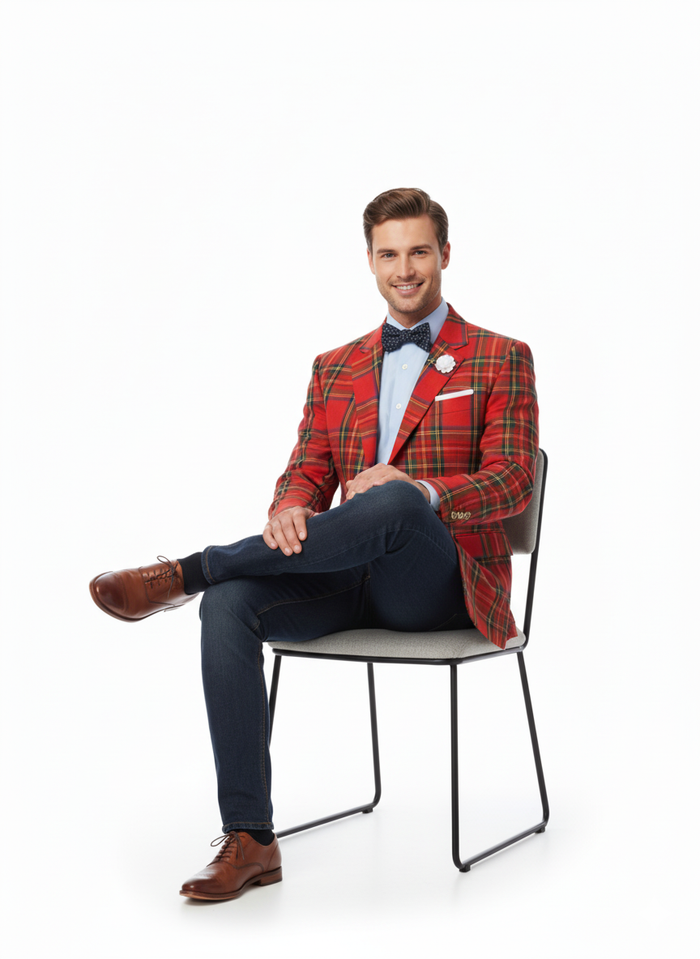 Holiday Blazer - Christmas Sport Coat - Red Christmas Fabric Plaid Blazer By Alebrtonardoni