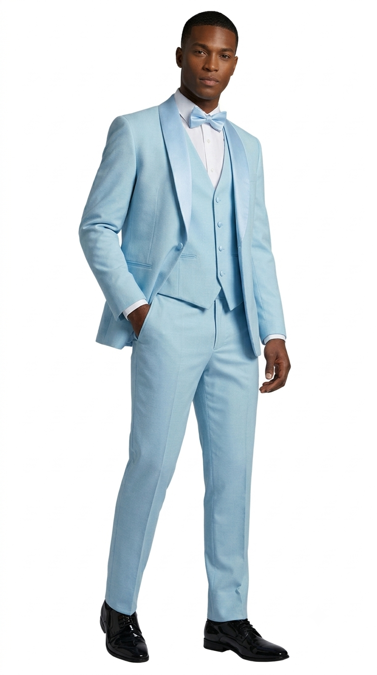 Men's Light Blue Double Shawl Lapel Tuxedo with Satin Trim for Wedding & Prom