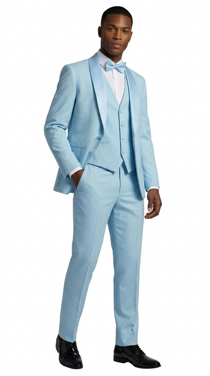 Men's Light Blue Double Shawl Lapel Tuxedo with Satin Trim for Wedding & Prom