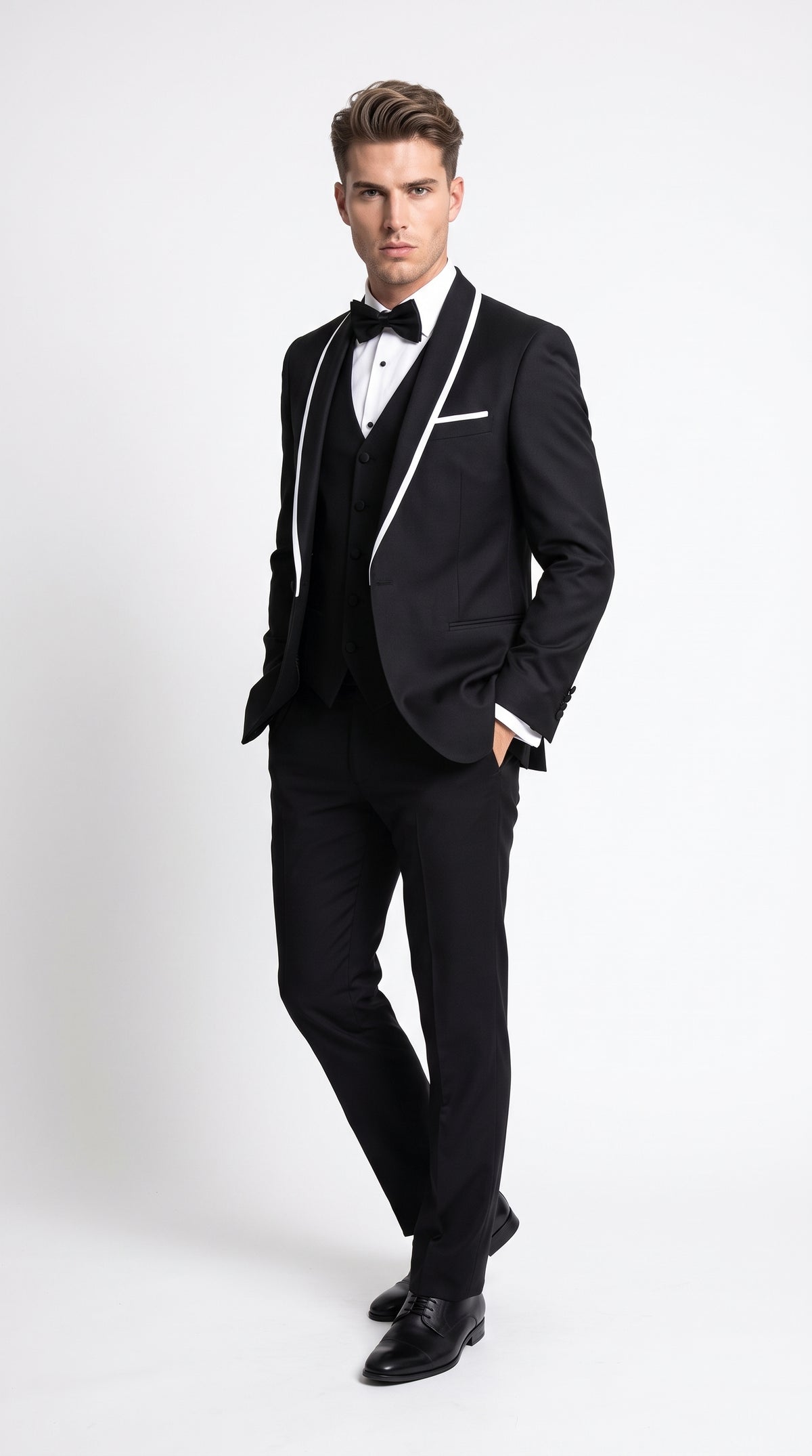 Men's Statement Suits Black 3-Piece Fashion Tuxedo – White Piping Shawl Lapel Wedding, Prom & Formal Dinner Suit