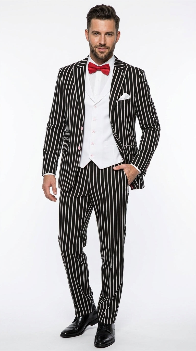 Men’s Black 1920s Bold Pinstripe Gangster Suit with Vest, Vintage Formal Party Dress Suit