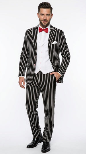 Men’s Black 1920s Bold Pinstripe Gangster Suit with Vest, Vintage Formal Party Dress Suit