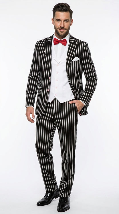 Men’s Black 1920s Bold Pinstripe Gangster Suit with Vest, Vintage Formal Party Dress Suit