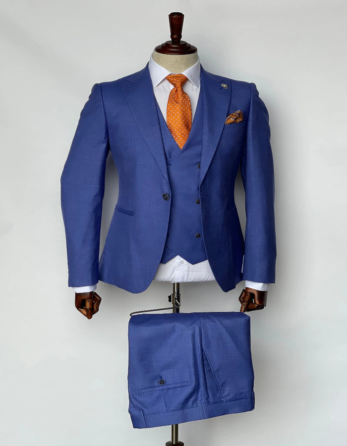 Giovanni Testi Suits With Double Breasted Vest - 3 Pieces Fiber Blue Peak Lapel Suit - Men's Tuxedo USA