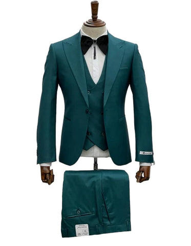 Giovanni Testi Suits With Double Breasted Vest - 3 Pieces Green Peak Lapel Suit - Men's Tuxedo USA