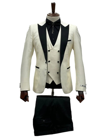 Giovanni Testi Suits With Double Breasted Vest - 3 Pieces Ivory and Black Peak Lapel Suit - Men's Tuxedo USA