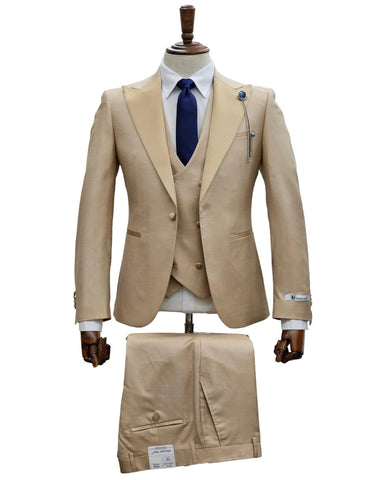 Giovanni Testi Suits With Double Breasted Vest - 3 Pieces Tan Peak Lapel Suit - Men's Tuxedo USA