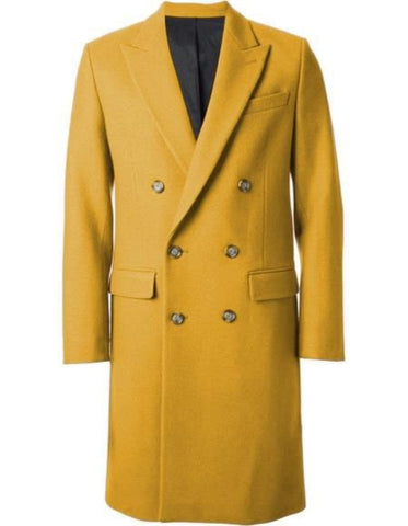 Mens Gold 44 Inch Long Double Breasted Overcoat Winter Men's Topcoat Sale - Men's Tuxedo USA