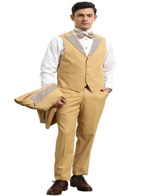 Gold Mustard Prom Tuxedo - Perfect Wedding Suit Vested rhinestone sequin Lapelled