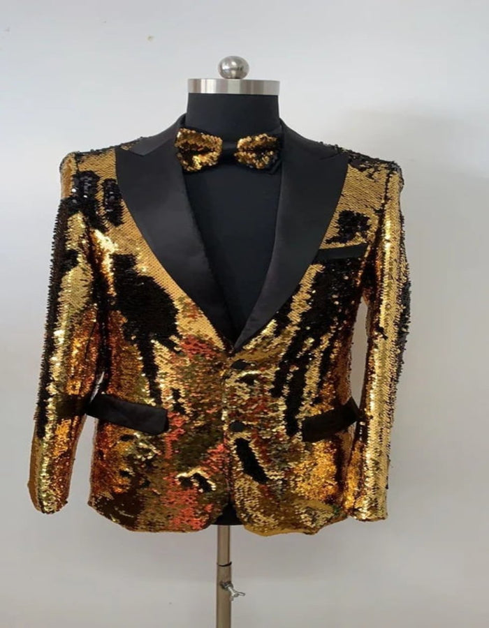 Men’s Gold and Black Sequin Tuxedo Jacket – Christmas, New Year, Prom and Party Dinner Blazer