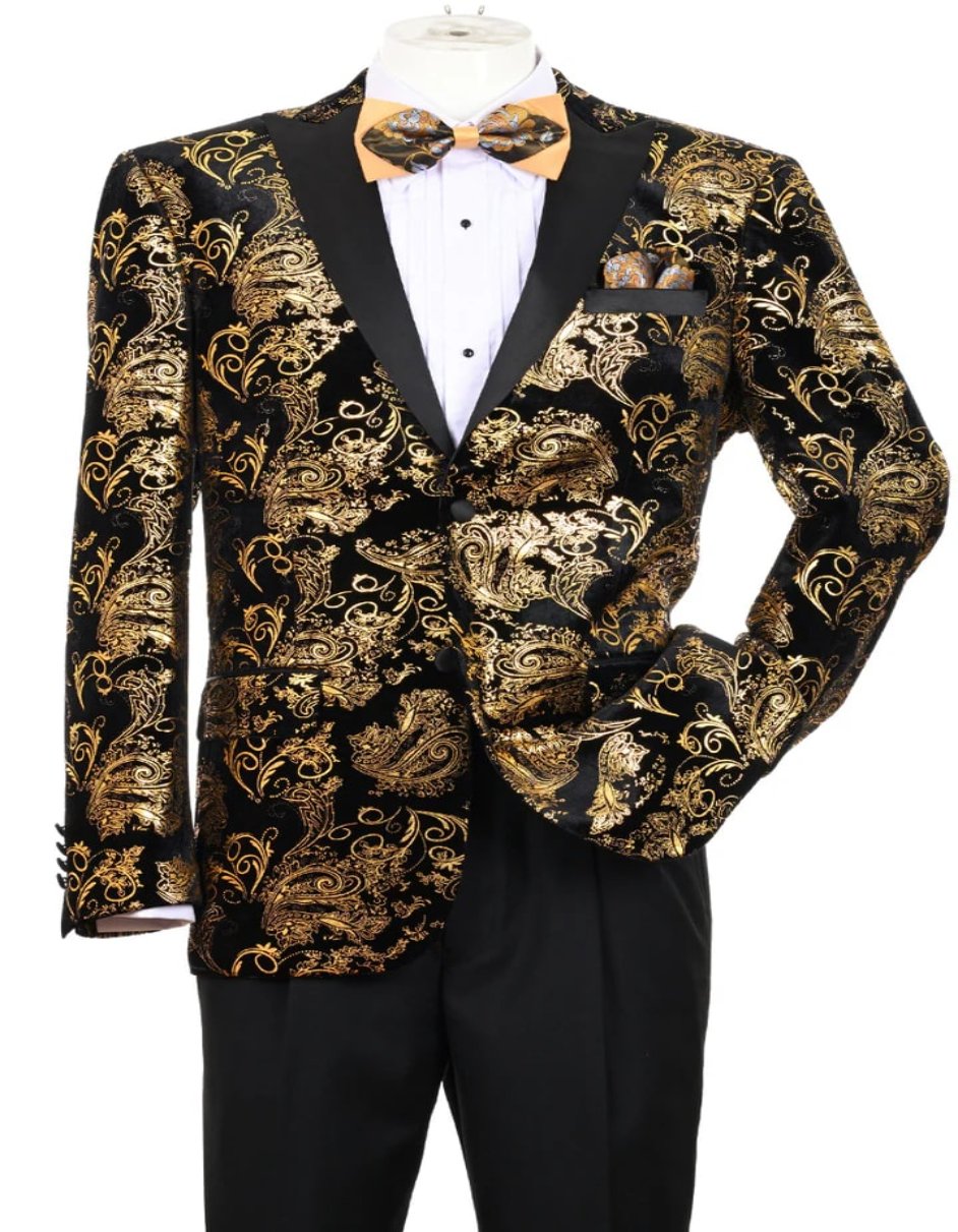 Mens Modern Fit Velvet Floral Paisley Foil Gold and Black Tuxedo Jacket