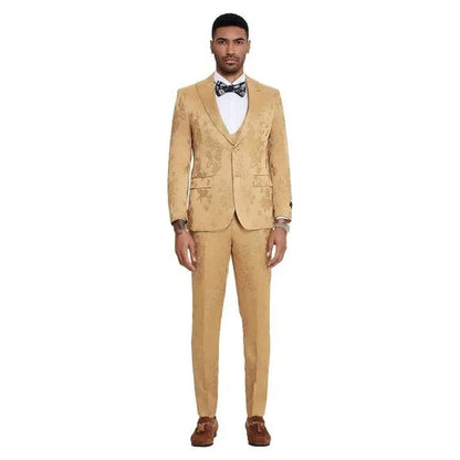2024 Floral Mens 3PC Suit w/ Double Breasted Vest by Tazzio, Golden - Men's Tuxedo USA