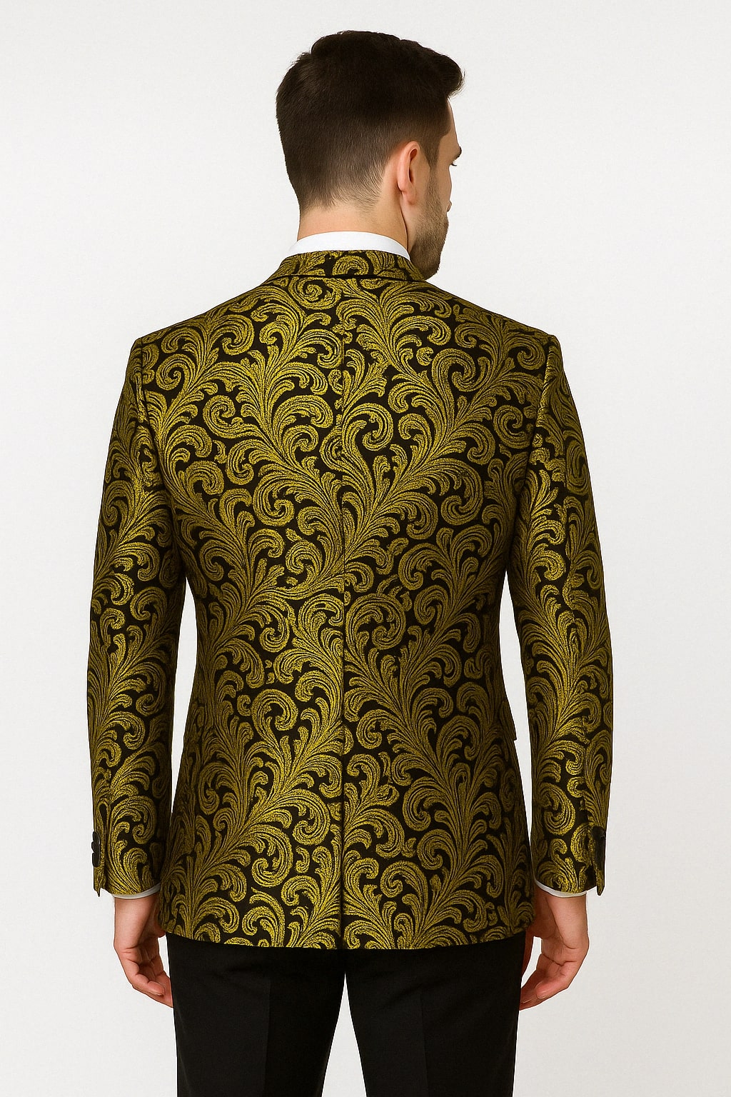 Mens Goldish Yellow and Black Paisley Tuxedo Blazer with Matching Bow Tie with Black Pants