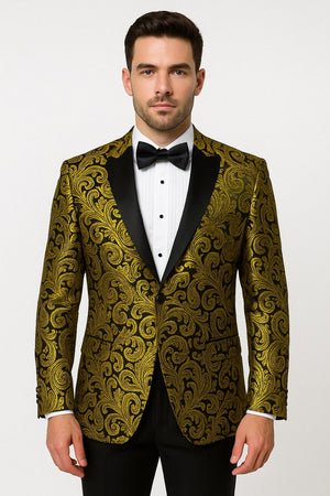 Mens Goldish Yellow and Black Paisley Tuxedo Blazer with Matching Bow Tie with Black Pants