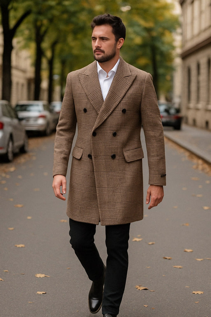 Mens Gray and Light Brown Glen Plaid Wool Overcoat  Double-Breasted Vintage Check Coat