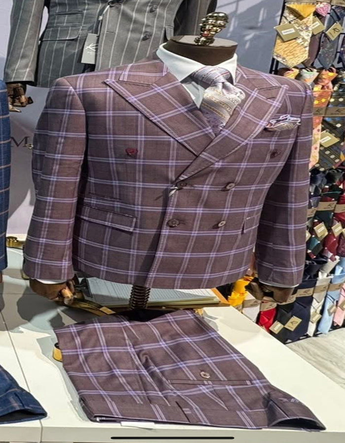 Rossiman Plaid Suit ?? Gray & Lavender Textured Windowpane Double-Breasted Suit