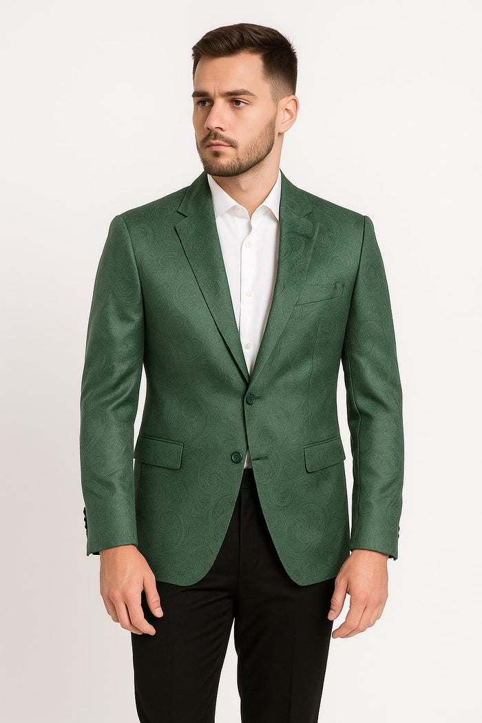 Mens Green Paisley Tuxedo Jacket  Slim Fit Embossed Formal Blazer for Weddings and Special Events in Soft velvet Fabric With Black Pants