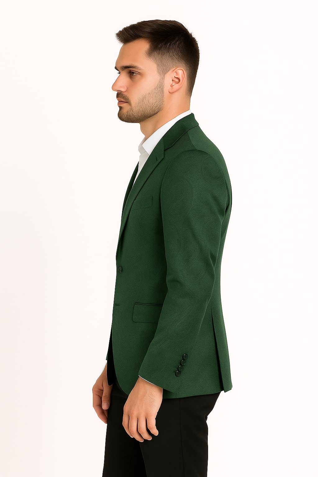 Mens Green Paisley Tuxedo Jacket  Slim Fit Embossed Formal Blazer for Weddings and Special Events in Soft velvet Fabric With Black Pants