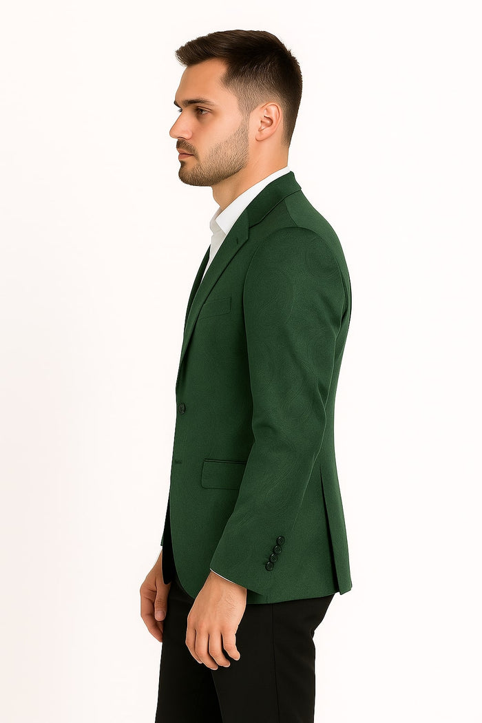 Mens Green Paisley Tuxedo Jacket  Slim Fit Embossed Formal Blazer for Weddings and Special Events in Soft velvet Fabric With Black Pants
