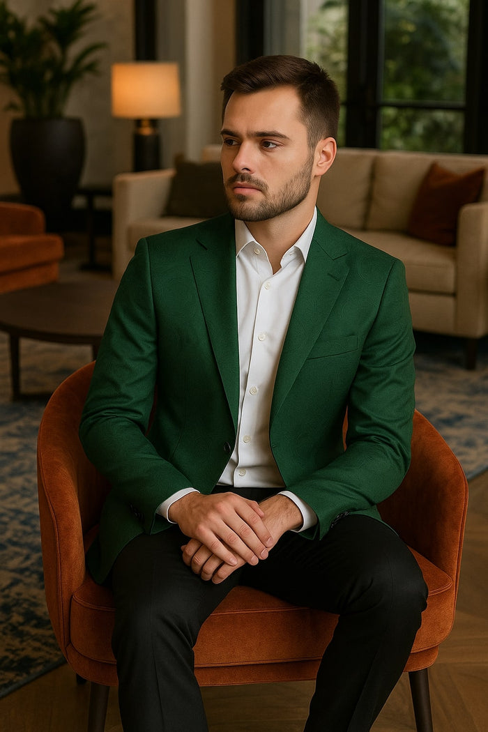 Mens Green Paisley Tuxedo Jacket  Slim Fit Embossed Formal Blazer for Weddings and Special Events in Soft velvet Fabric With Black Pants