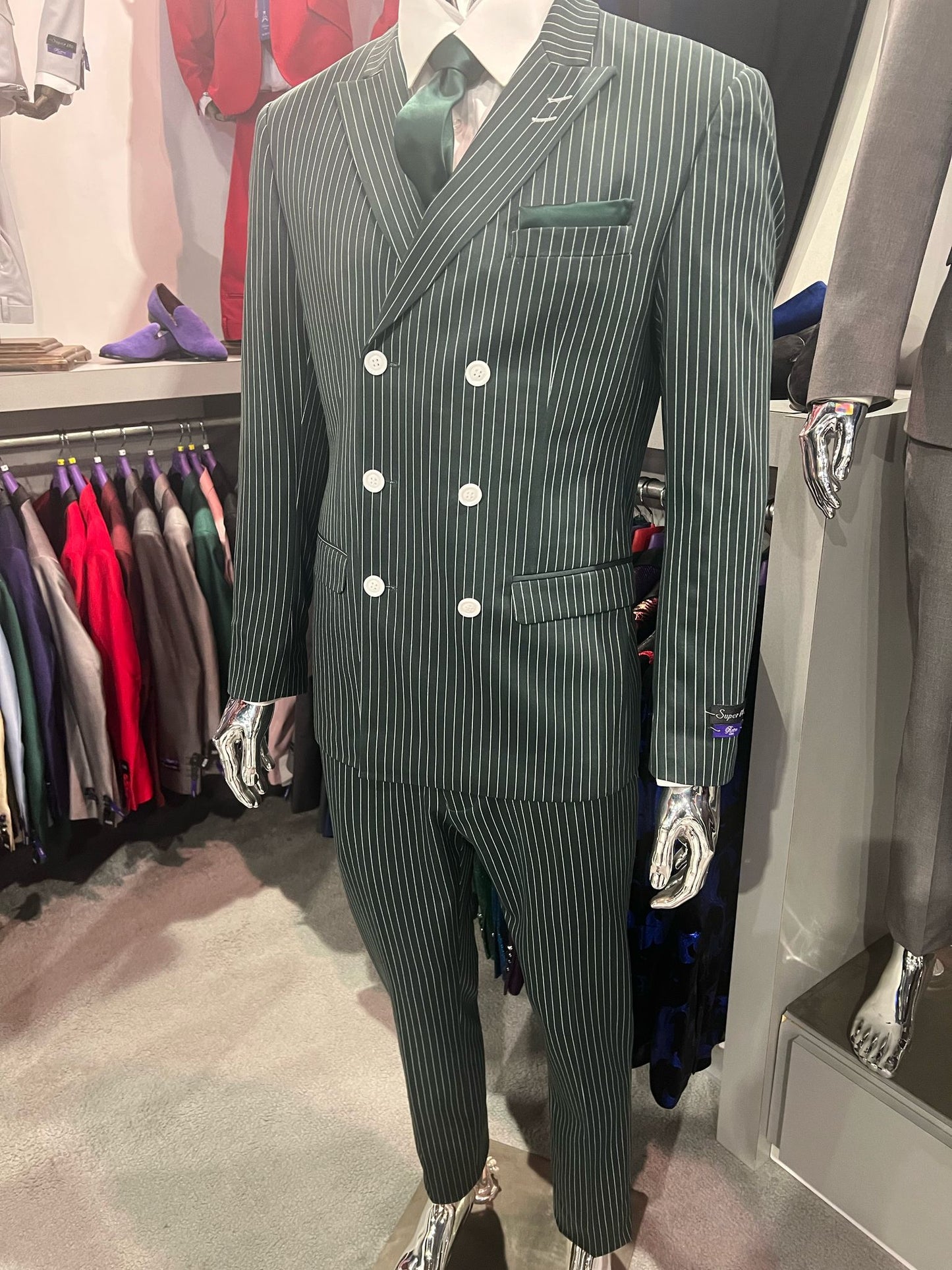 Mens Green Pinstripe Double-Breasted Suit  Slim Fit 2 Piece Formal Business Suit with Peak Lapel 1920s Gangster Pinstripe