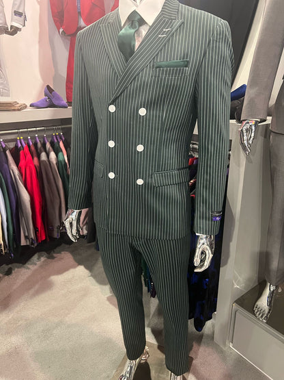 Mens Green Pinstripe Double-Breasted Suit  Slim Fit 2 Piece Formal Business Suit with Peak Lapel 1920s Gangster Pinstripe