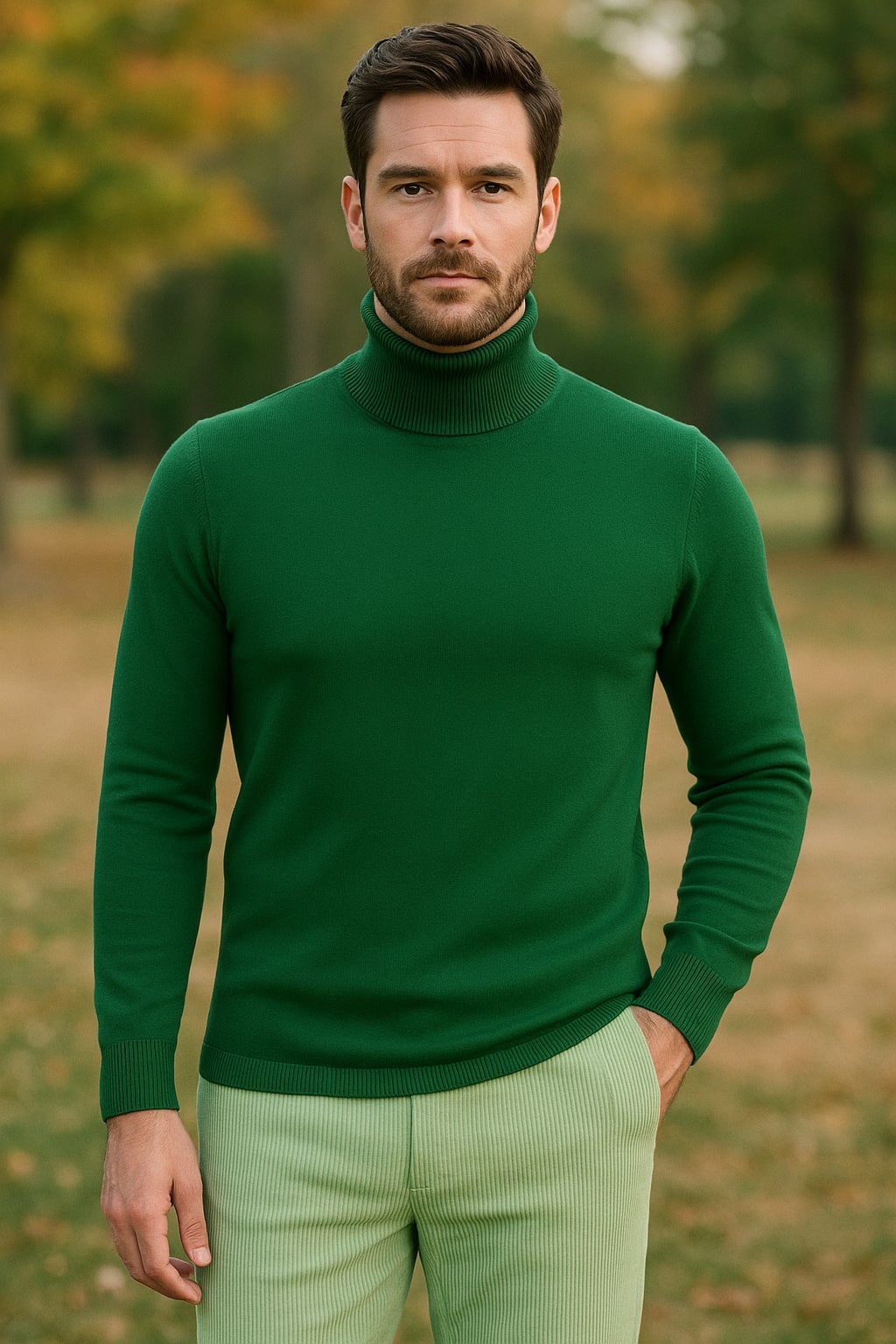 Mens Green Slim Fit Turtleneck Sweater  Lightweight Knit Pullover in Emerald Green