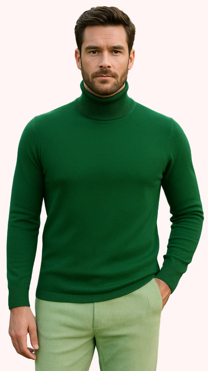 Mens Green Slim Fit Turtleneck Sweater  Lightweight Knit Pullover in Emerald Green