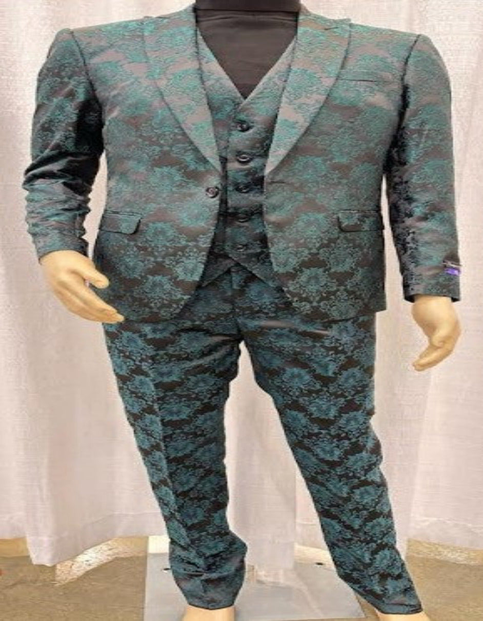 Mens Green and Black Brocade Tuxedo Suit  3 Piece Floral Jacquard Outfit for Weddings and Formal Events - Slim Fitted
