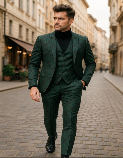 Mens Green and Black Brocade Tuxedo Suit  3 Piece Floral Jacquard Outfit for Weddings and Formal Events - Slim Fitted