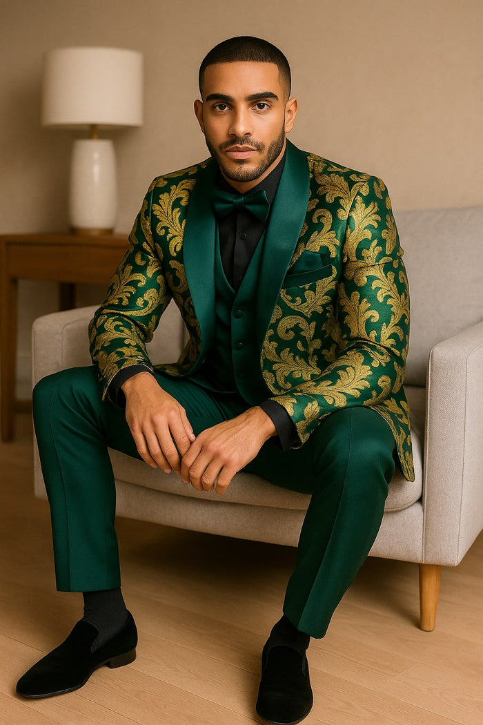 Mens Green and Gold Embroidered Tuxedo  3-Piece Prom Suit
