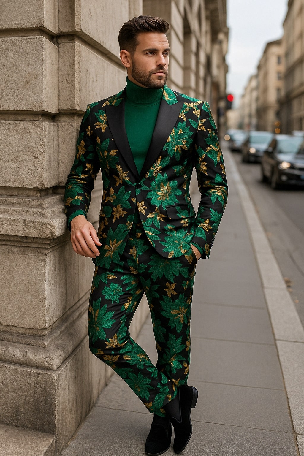 Mens Green and Gold Floral Tuxedo Suit  Luxury 2 Piece Slim Fit Outfit for Weddings, Proms, and Special Events