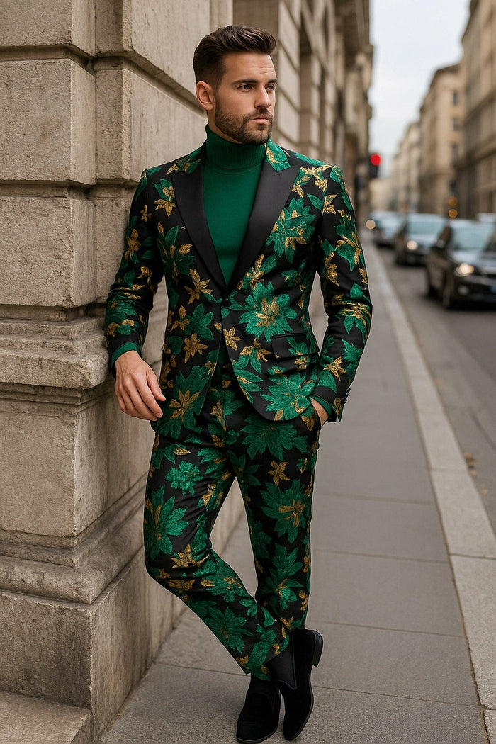 Mens Green and Gold Floral Tuxedo Suit  Luxury 2 Piece Slim Fit Outfit for Weddings, Proms, and Special Events