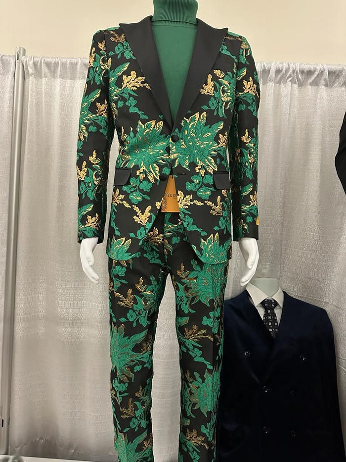 Mens Green and Gold Floral Tuxedo Suit  Luxury 2 Piece Slim Fit Outfit for Weddings, Proms, and Special Events