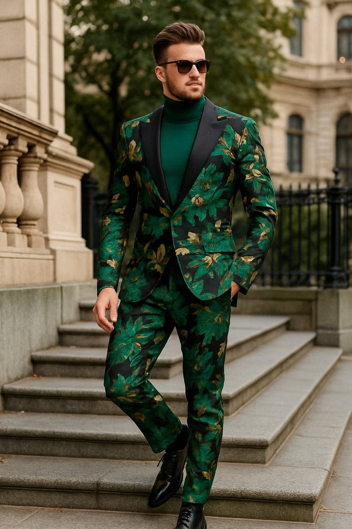 Mens Green and Gold Floral Tuxedo Suit  Luxury 2 Piece Slim Fit Outfit for Weddings, Proms, and Special Events