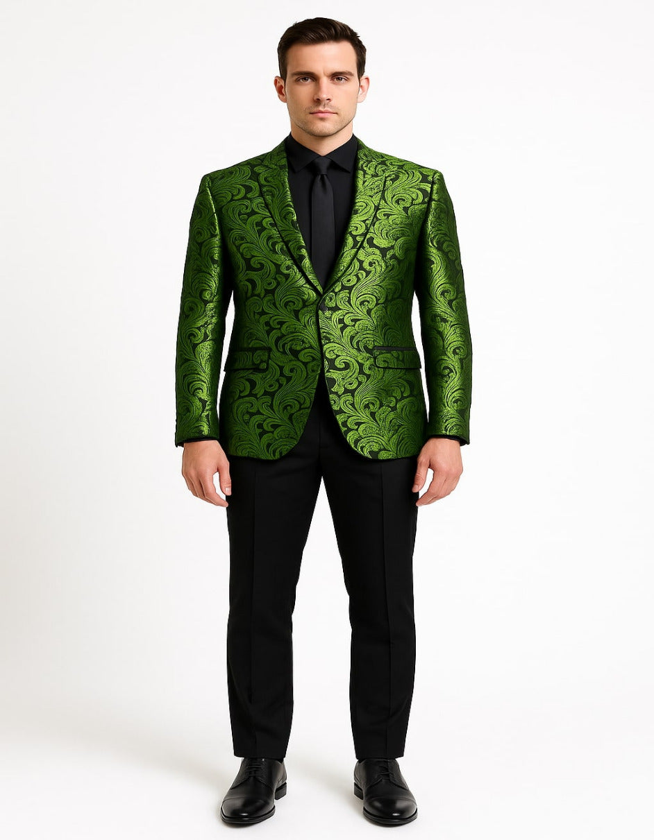 Men's Green Paisley Tuxedo Blazer – Luxury Slim Fit Dinner Jacket for Formal Events