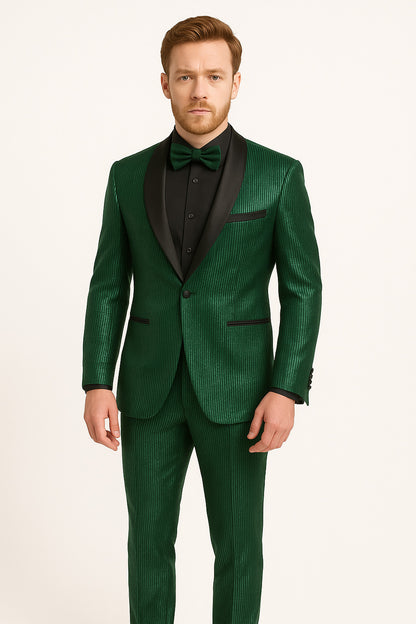 Men's Emerald Green Shiny Tuxedo with Black Satin Lapel and Matching Bow Tie  Ultra Slim Fit