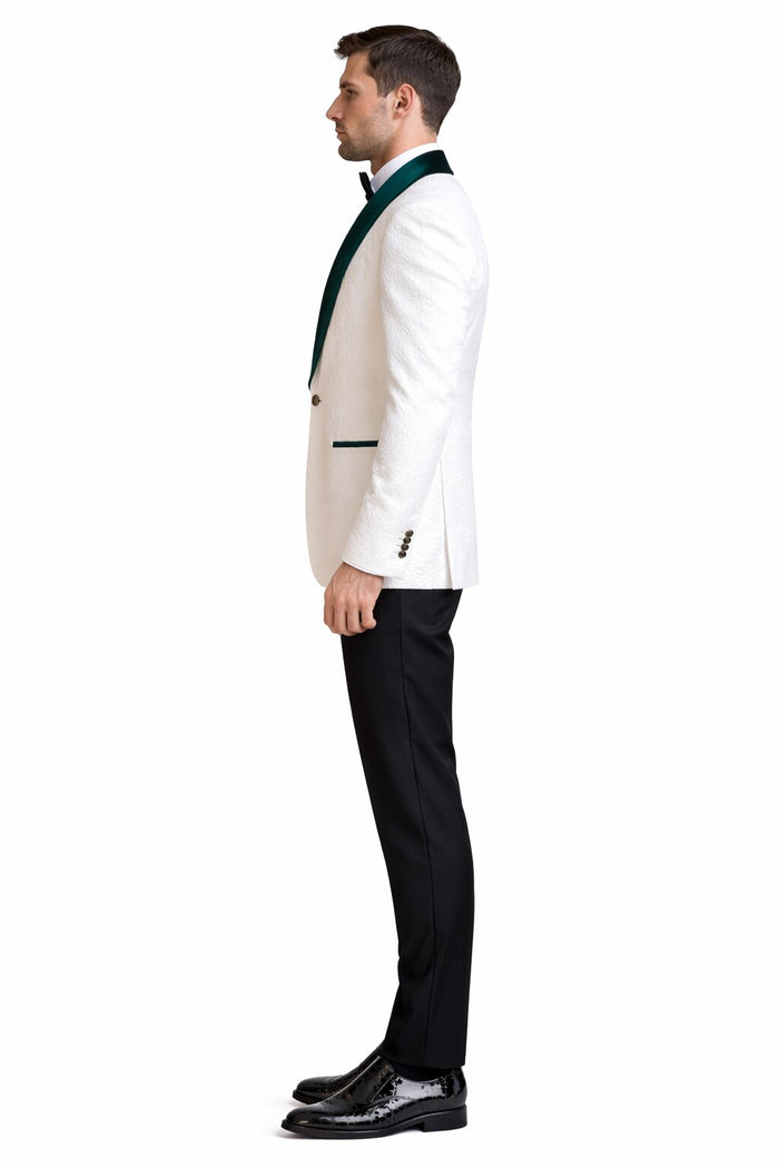 Mens Groom Wedding Shawl Collar - Paisley Green Velvet 4pc Suit W/ Matching Bowtie