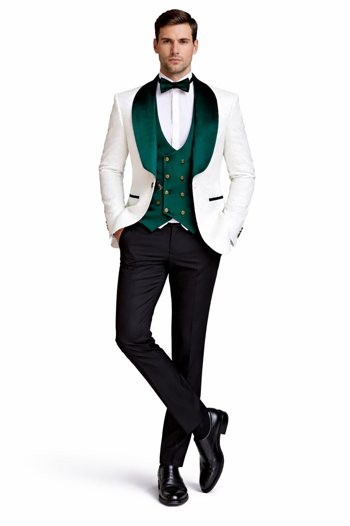 Mens Groom Wedding Shawl Collar - Paisley Green Velvet 4pc Suit W/ Matching Bowtie
